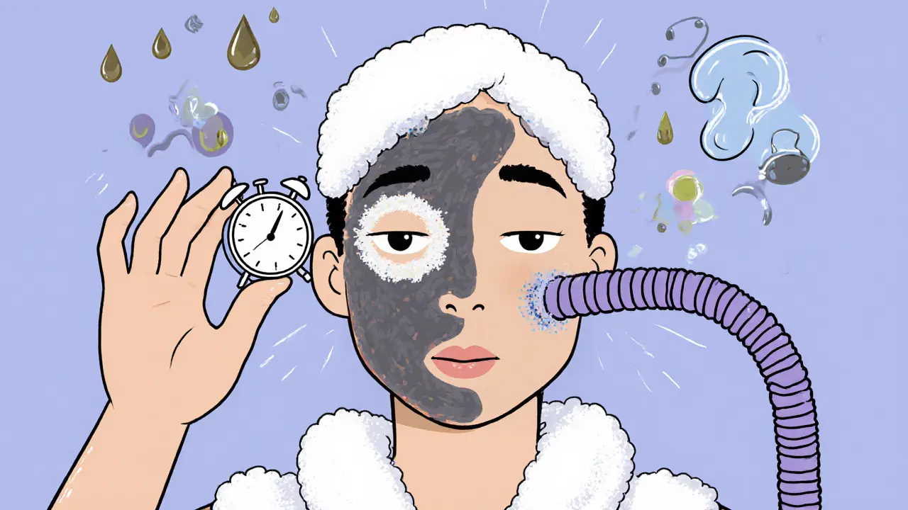 Человек наносит глиняную маску только на лоб, нос и подбородок, а остальная часть лица укрыта полотенцами, вокруг летают капли масла.