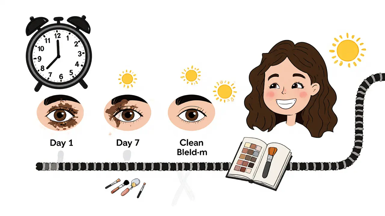 Эволюция макияжа: от грязного пятна к идеальному тону за 28 дней, с веселыми солнцами-днями.