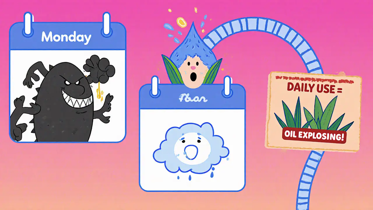 Календарь с черной и голубой глиной по дням недели, рядом — предупреждающий знак с взрывом жира от ежедневного использования.