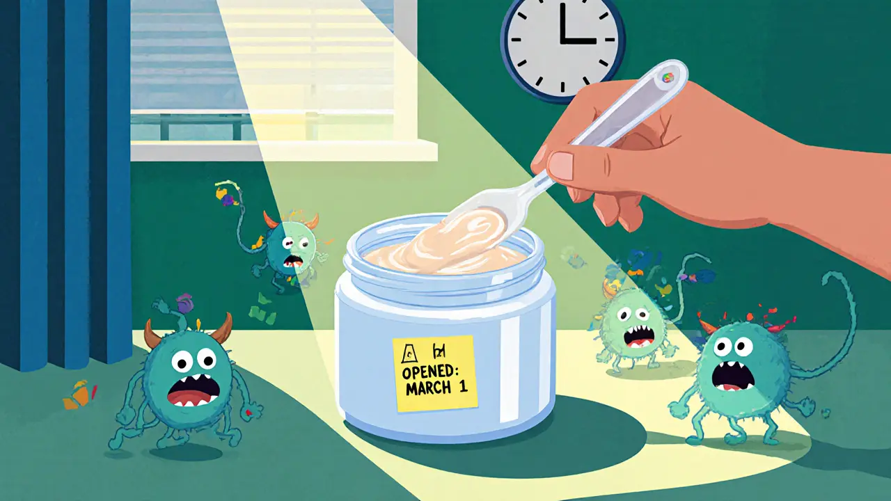 Маленькая рука использует шпатель, чтобы взять крем, а бактерии убегают в страхе.