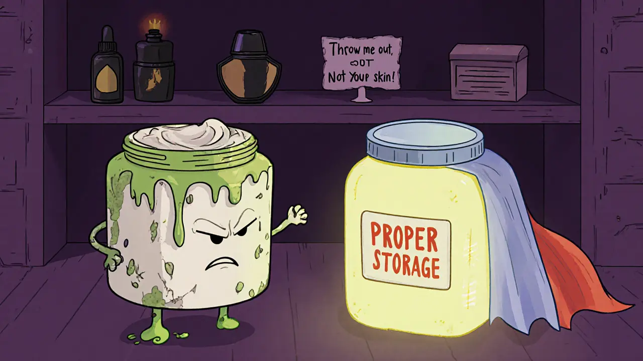 Портящийся крем сражается с идеальным кремом на полке, рядом — масла и кремы с защитой.