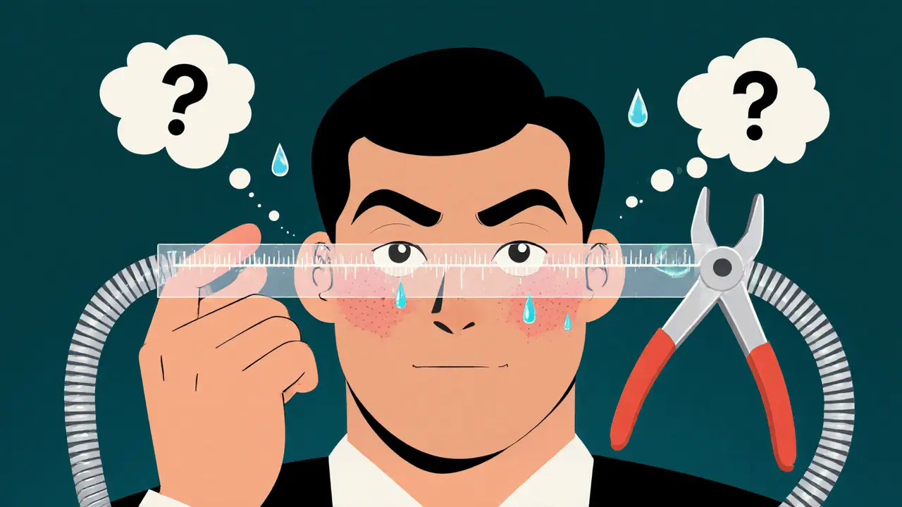 Прозрачная линейка на скулах, сравнивающая высоту двух бровей, одна из которых выше, в мультяшном стиле.