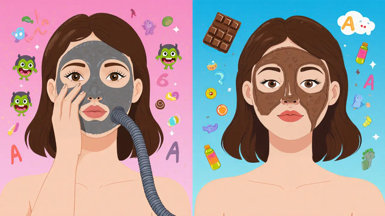 Разделённая сцена: одна женщина с маской из глины, другая — с кремовой маской, олицетворяющие разные типы ухода.