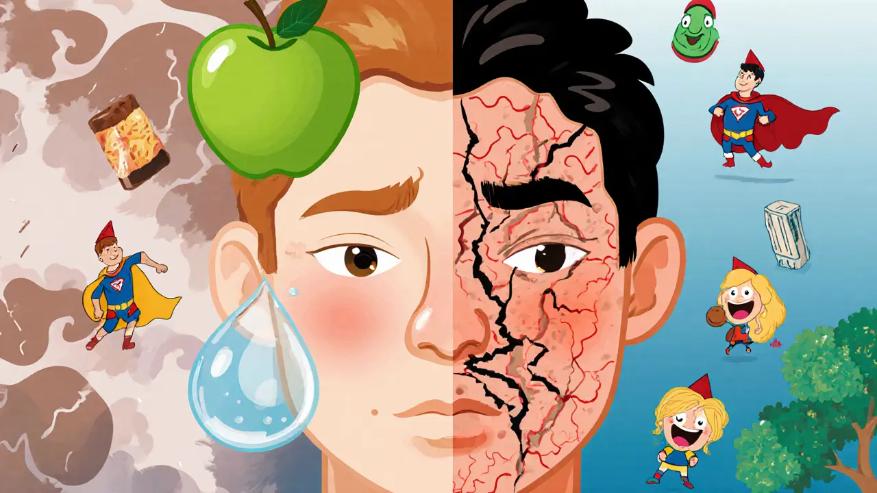 Разделенное лицо: здоровое с одной стороны и поврежденное сахаром с другой