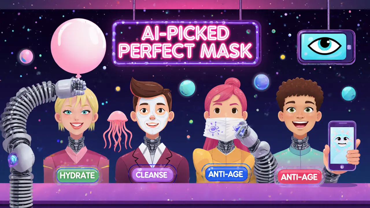 Роботы раздают персонализированные маски, одна из них — с коллагеном, поднимающим кожу, в стиле футуристического салона.