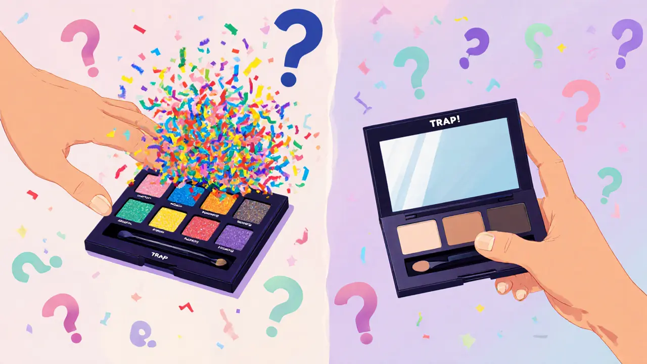 Сравнение: хаотичная радужная палетка и спокойная четырехцветная — умный выбор выигрывает.