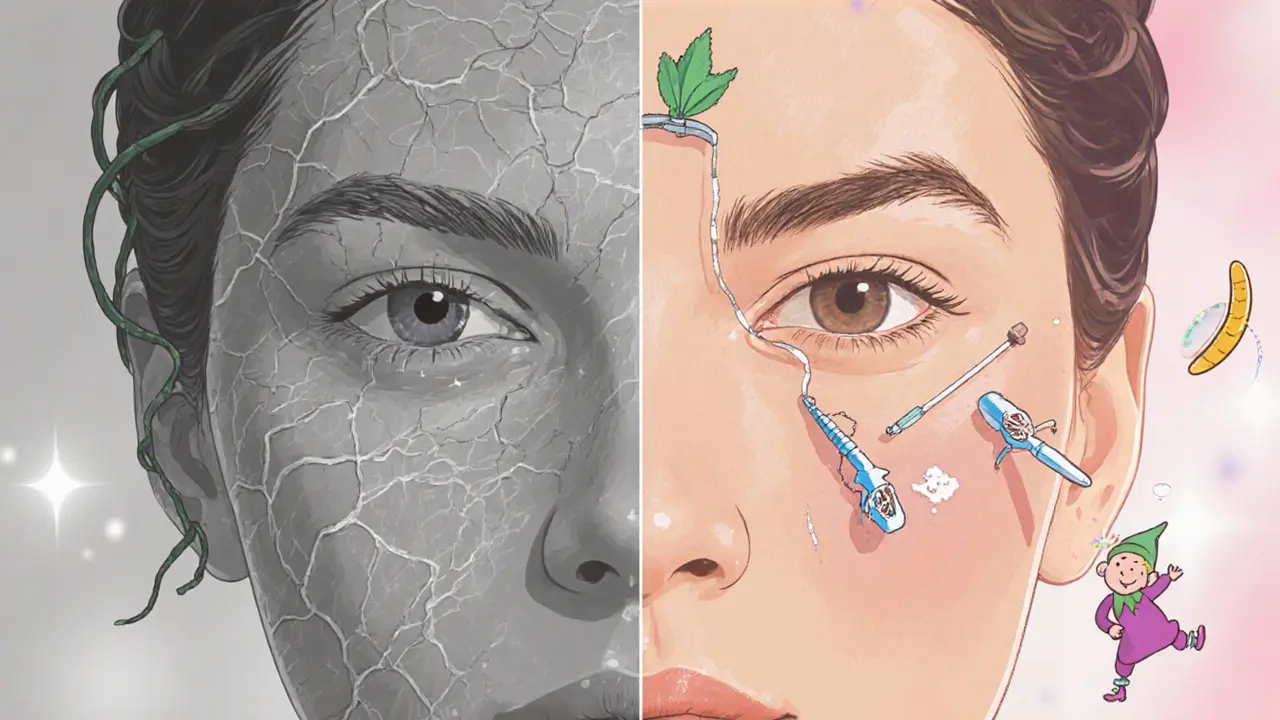 Сравнение сухой, потрескавшейся кожи и увлажнённой, упругой кожи в мультяшном стиле с весёлыми молекулами.