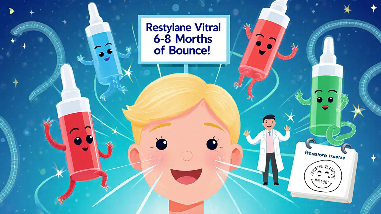 Три цветных флакона с гиалуроновой кислотой в виде персонажей, украшающих лицо в мультяшной клинике.