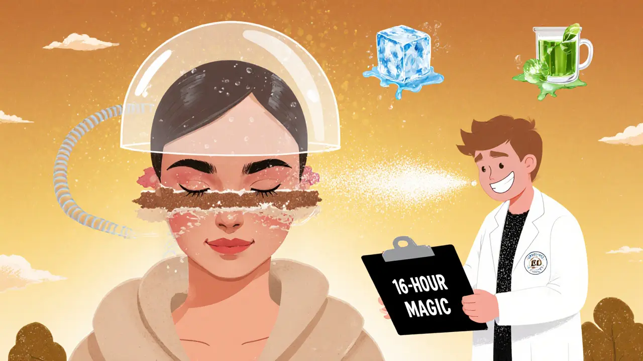 Три слоя макияжа: крем, пудра, спрей — скреплённые как сэндвич, с волшебной защитной оболочкой и символами ухода.