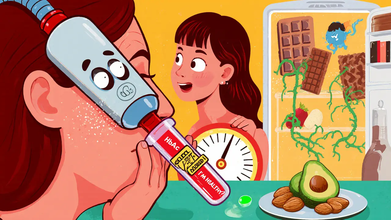 Устройство AGE-Reader измеряет уровень сахара в коже, рядом — еда и анализы