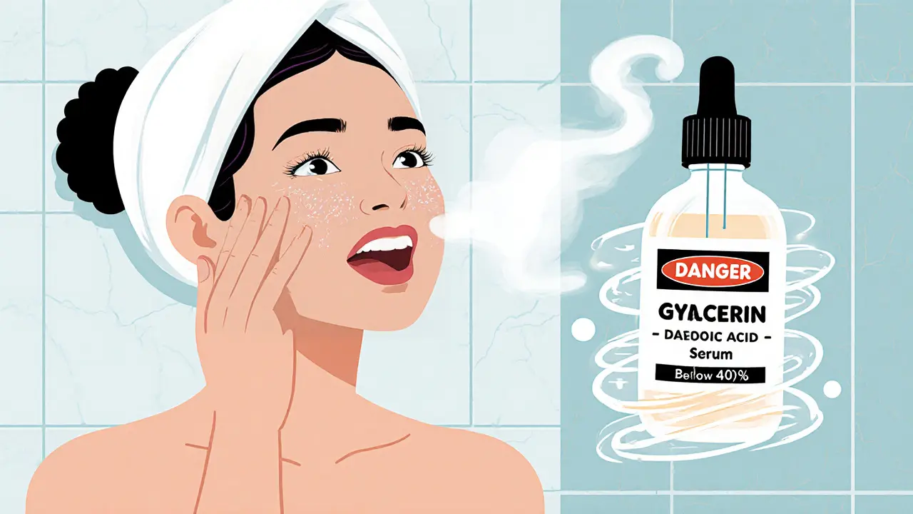 Женщина наносит сыворотку на влажную кожу, а глицерин убегает в страхе.