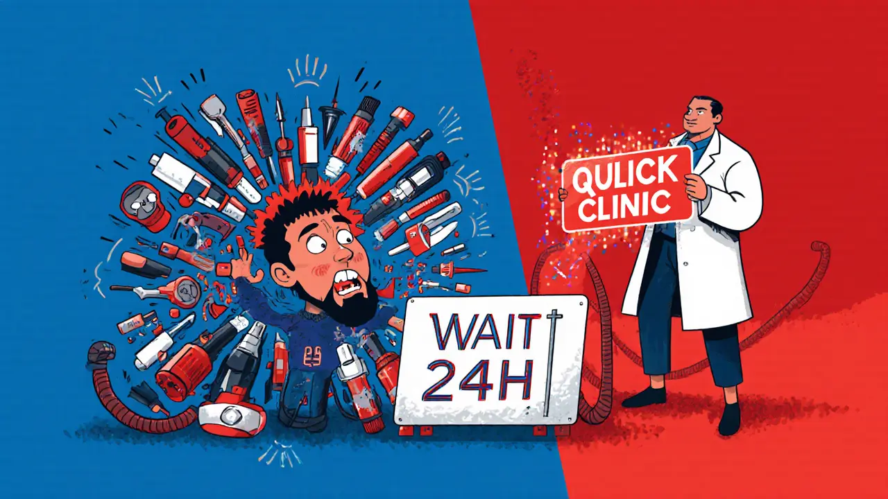 Злодей пытается сделать всё сразу — врач останавливает его, показывая табличку &#039;Подождите 24 часа&#039;.