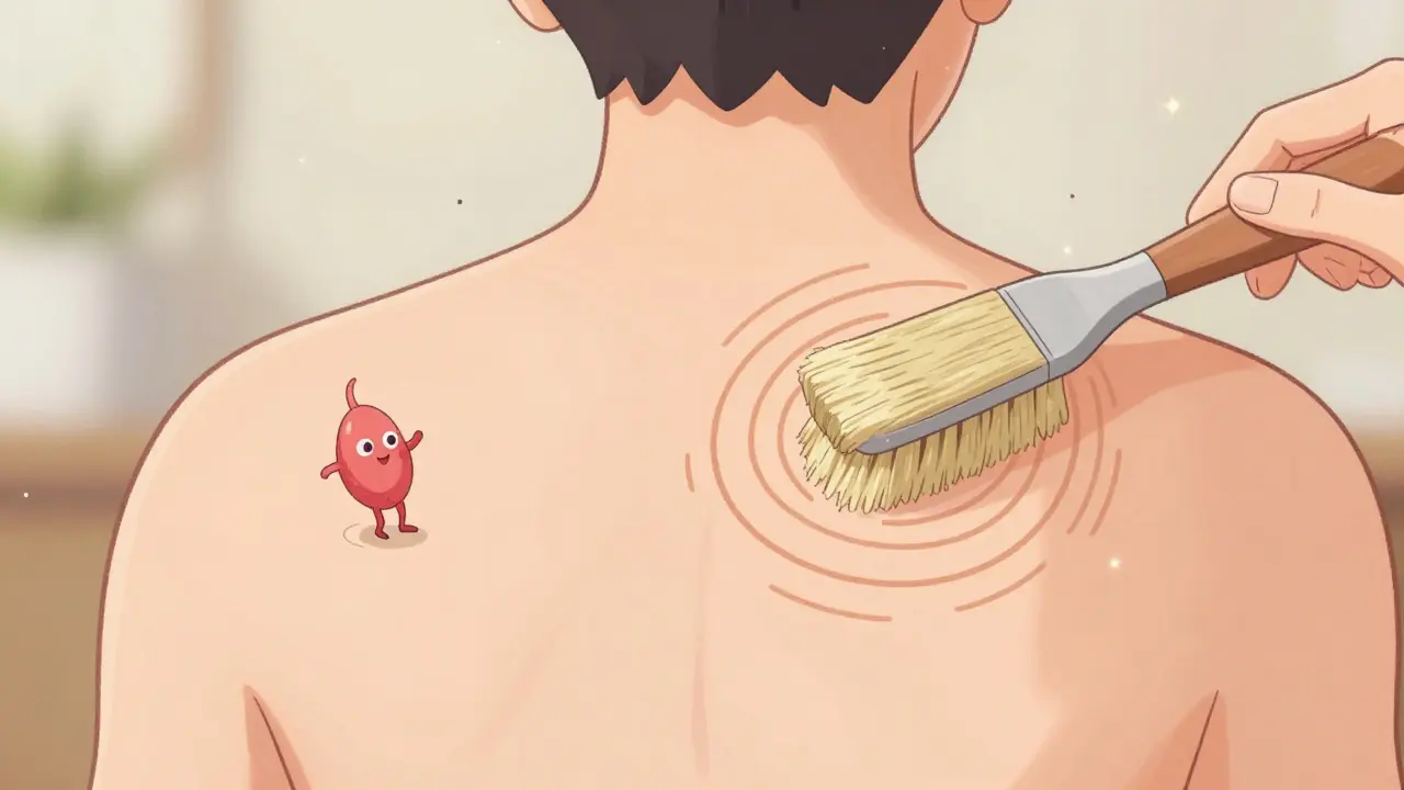 Ближний план спины с щеткой, создающей волны лимфотока, в стиле мультфильма.