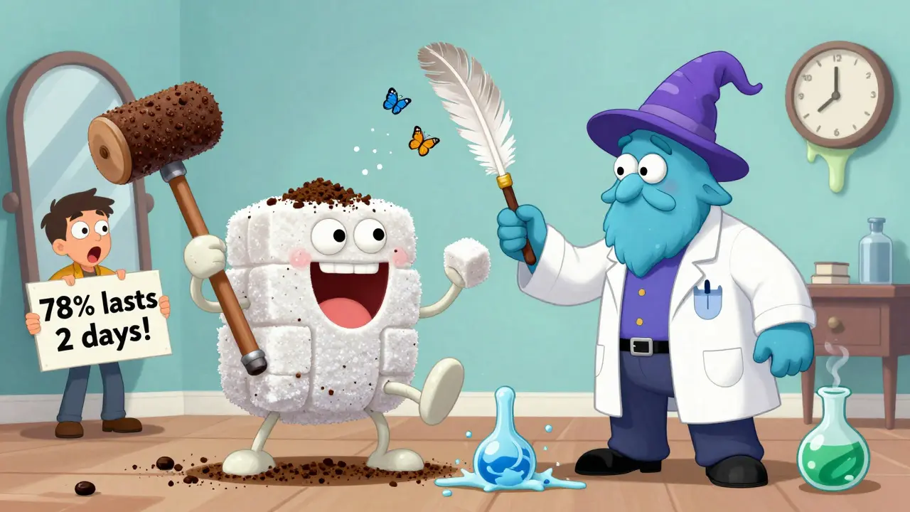 Борьба между мультяшным скрабом и пилинг-волшебником, один с молотом, другой с пером, вокруг них — символы времени и кожи.