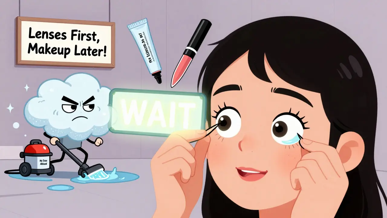 Человек надевает контактные линзы до макияжа, а жирные компоненты отталкиваются знаком 'Стоп'.