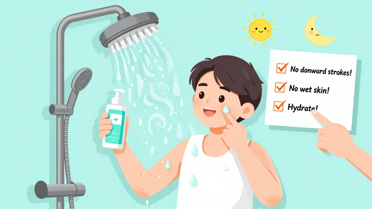 Человек после массажа умывается, рядом летят подсказки о правильной технике.