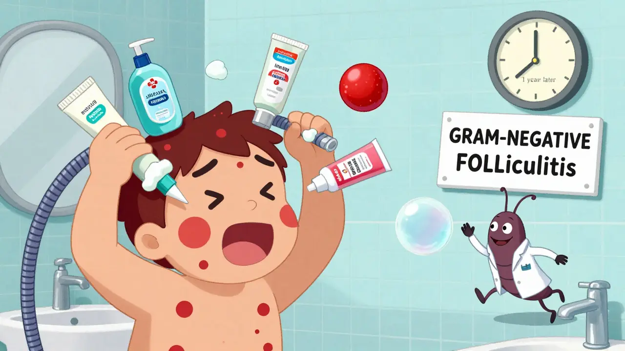 Человек пытается лечить прыщи средствами, которые отскакивают, а клещ едет на мыльном пузыре в мультяшном стиле.