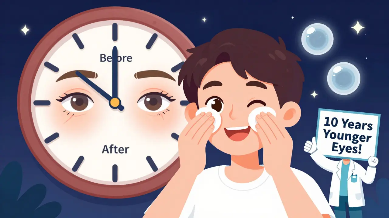 Человек снимает линзы вечером и удаляет макияж, получая гладкую кожу и здоровые глаза.