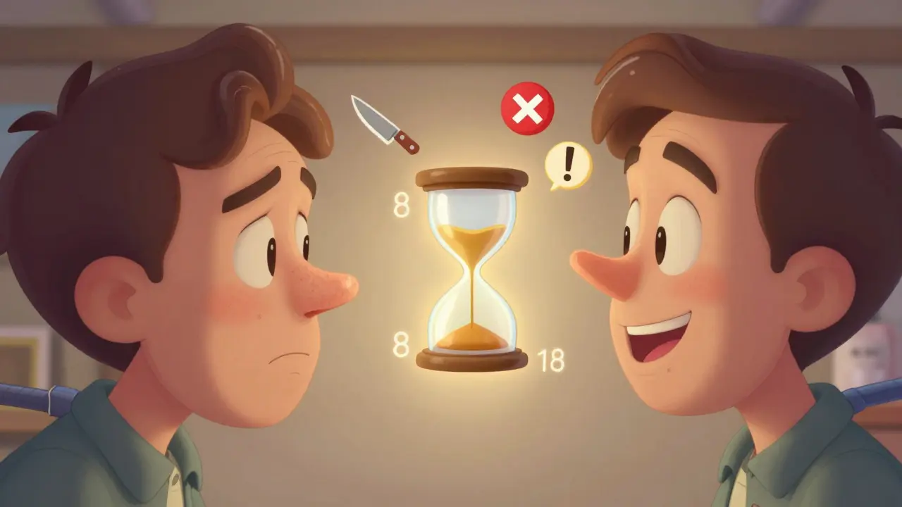 До и после: нос становится гладким, рядом — песочные часы с указанием срока действия филлера.