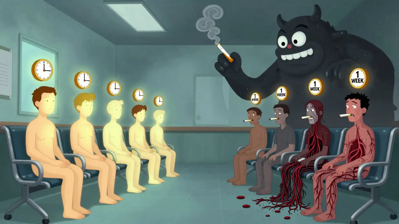 Два ряда пациентов: одни сияют, другие падают под тенью монстра из дыма.