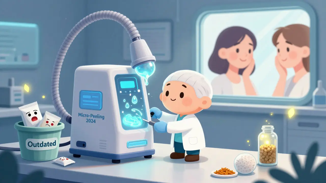 Футуристическая лаборатория с гибридным пилингом, старые скрабы в мусорке, ферменты летят как светлячки, женщина улыбается в зеркало.