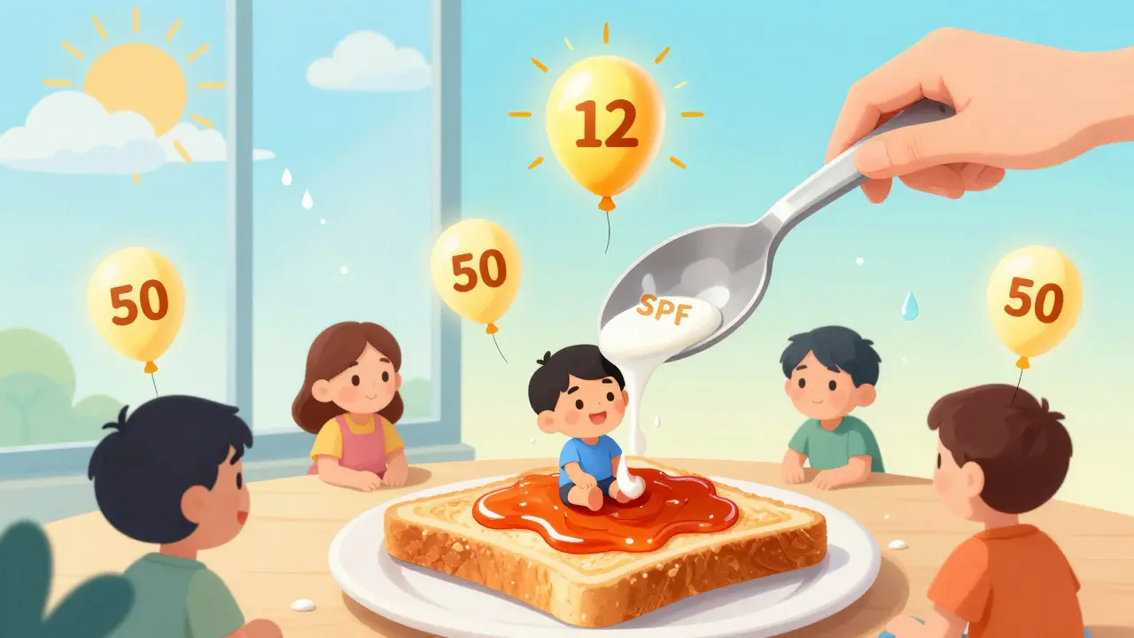 Гигантская ложка наносит солнцезащитный крем на лицо, другие люди наносят его тонко, а UVA проникает сквозь стекло.