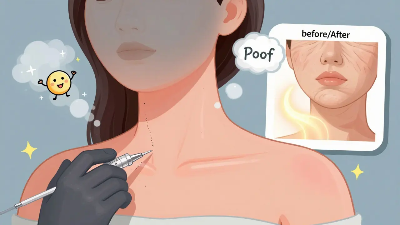 Косметолог делает уколы в шею, где кожа превращается из серой в розовую и упругую, как резина, с веселыми клетками.