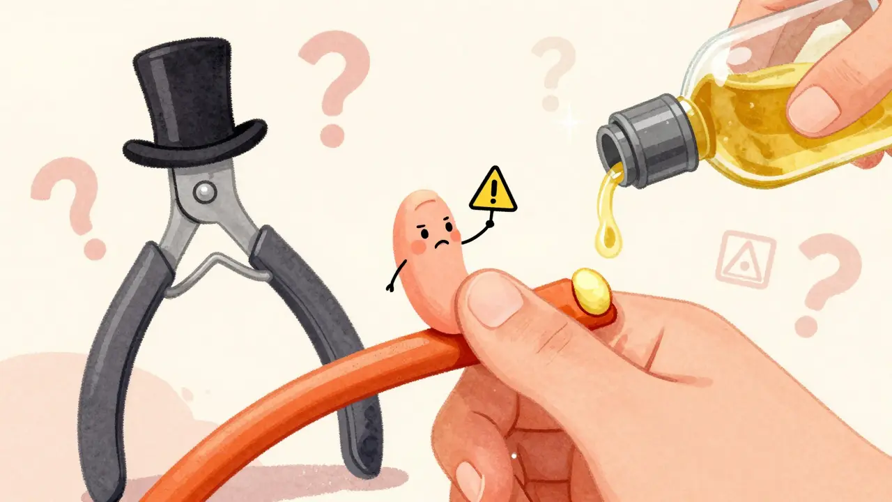 Крупный план кутикулы, которую мягко отодвигают апельсиновой палочкой, с предупреждающими значками вокруг.