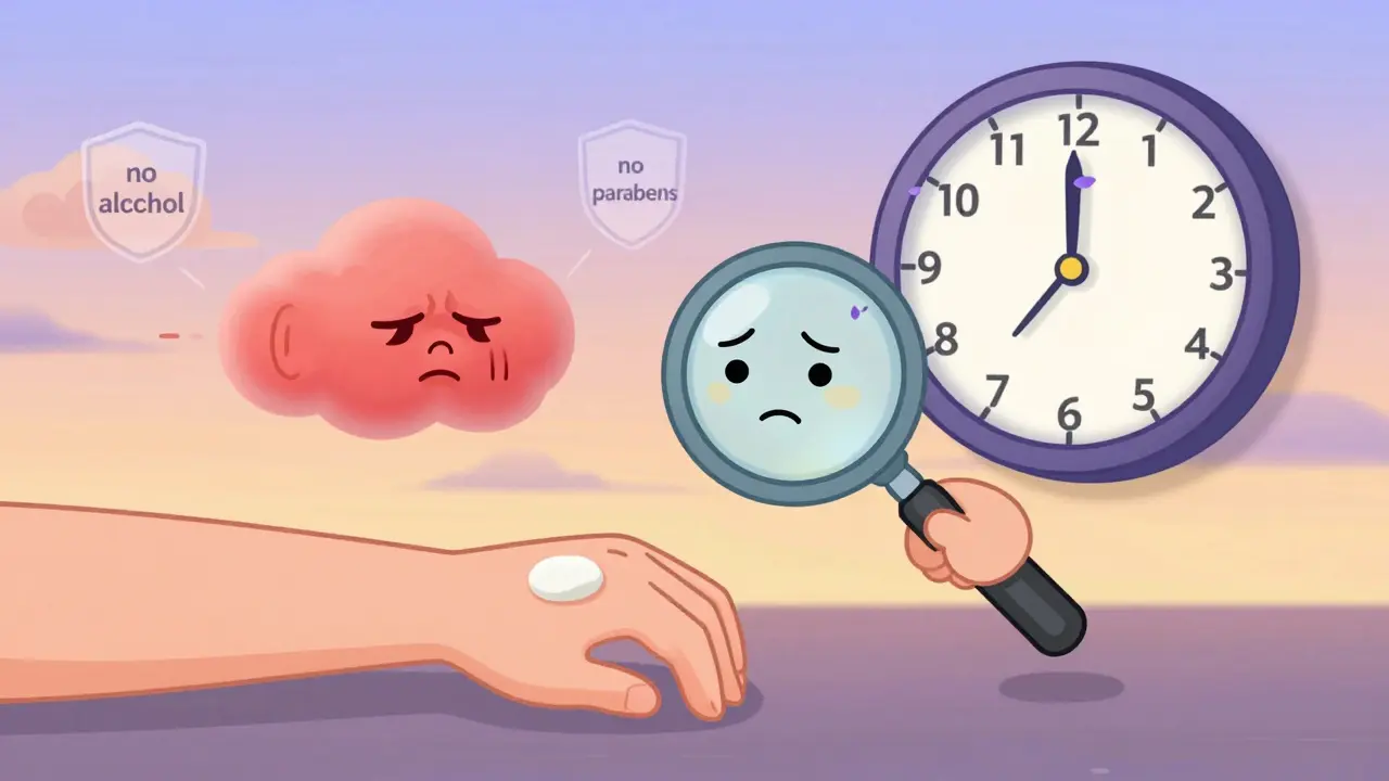 Маленький участок кожи под лупой проходит тест: краснота исчезает, кожа становится спокойной, вокруг — символы 'без спирта' и 'без парабенов'.