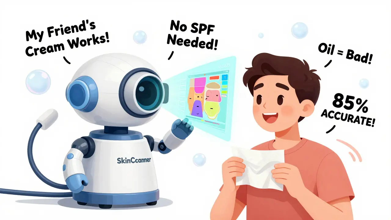 Милый робот-сканер анализирует лицо, проецируя диаграмму, а вокруг лопаются мифы о уходе за кожей.