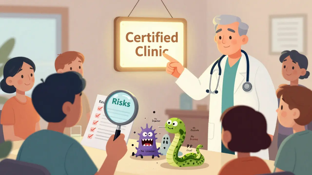 Пациент смотрит на страшные монстры рисков, а врач указывает на знак сертифицированной клиники.