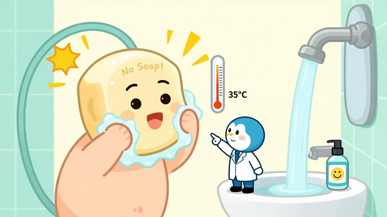 Персонаж умывается тёплой водой, а не горячей, с весёлыми предупреждениями об алкоголе и мыле.