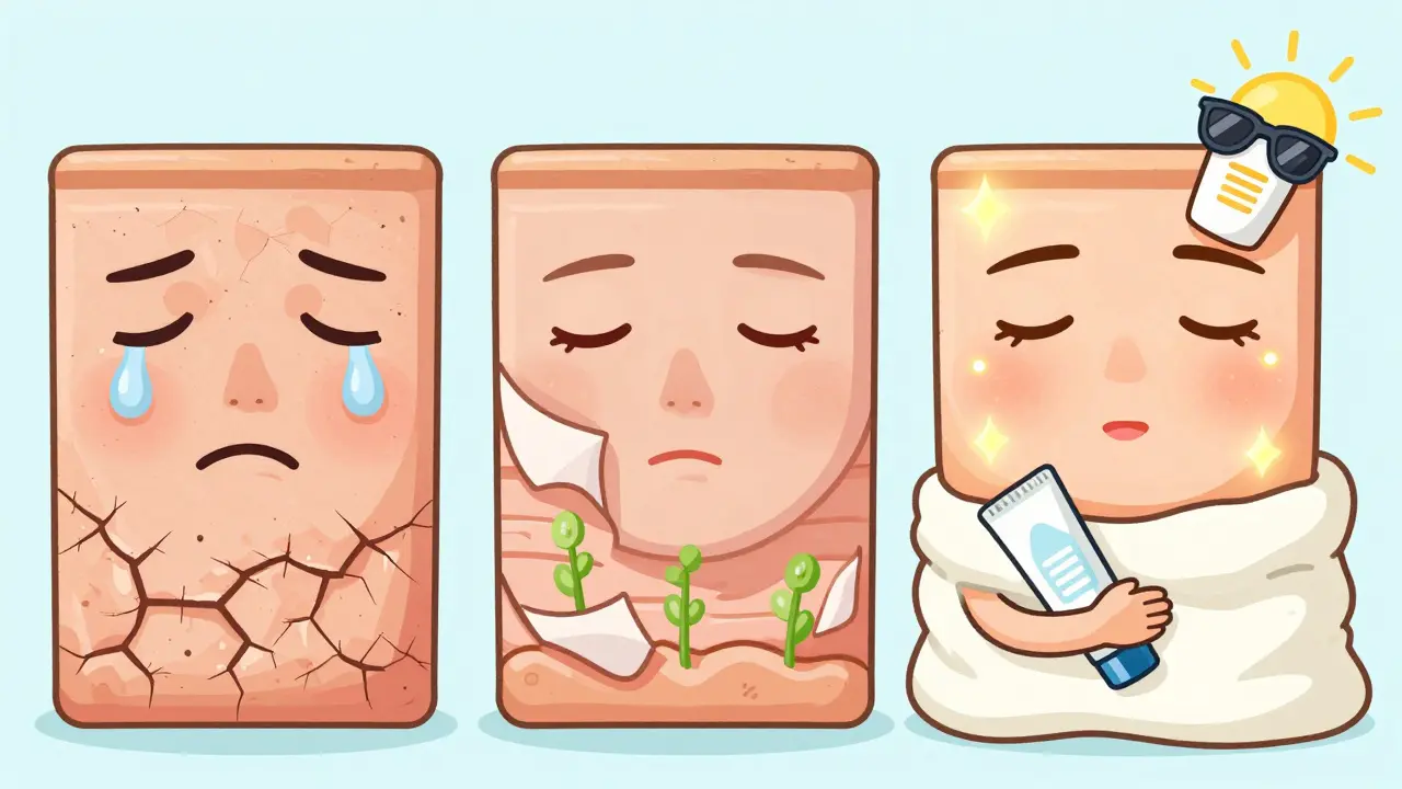 Преображение кожи: от сухой и треснувшей до гладкой и сияющей с коллагеновыми пружинами под ней.