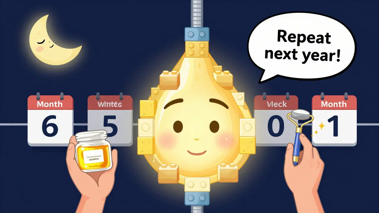 Сияющее лицо с керамидными блоками и маслом, готовое к повторному циклу ухода.