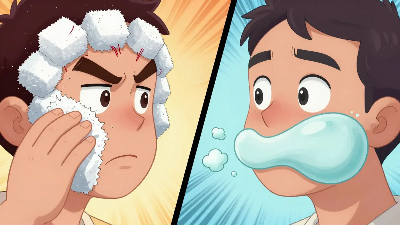 Сравнение: агрессивный скраб с острыми частицами и деликатный гоммаж в виде мягкой гелевой ленты.