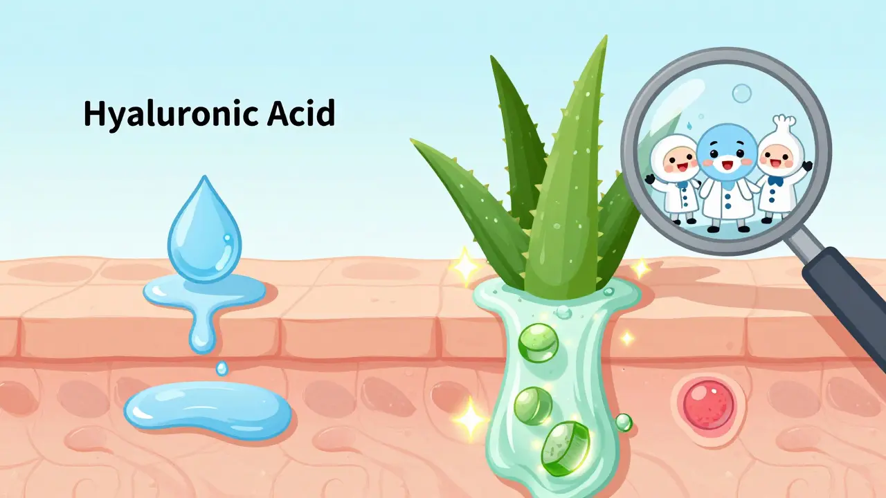 Сравнение: гиалуроновая кислота остается на поверхности, а алоэ вера проникает глубоко, запуская заживление.