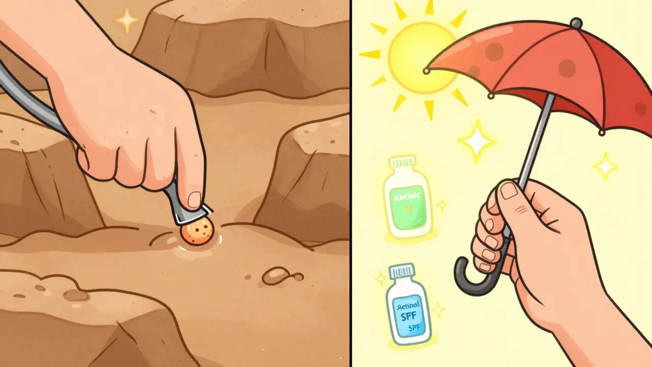 Сравнение: сдавливание прыща создаёт шрамы — правильный уход превращает пятна в звёзды.