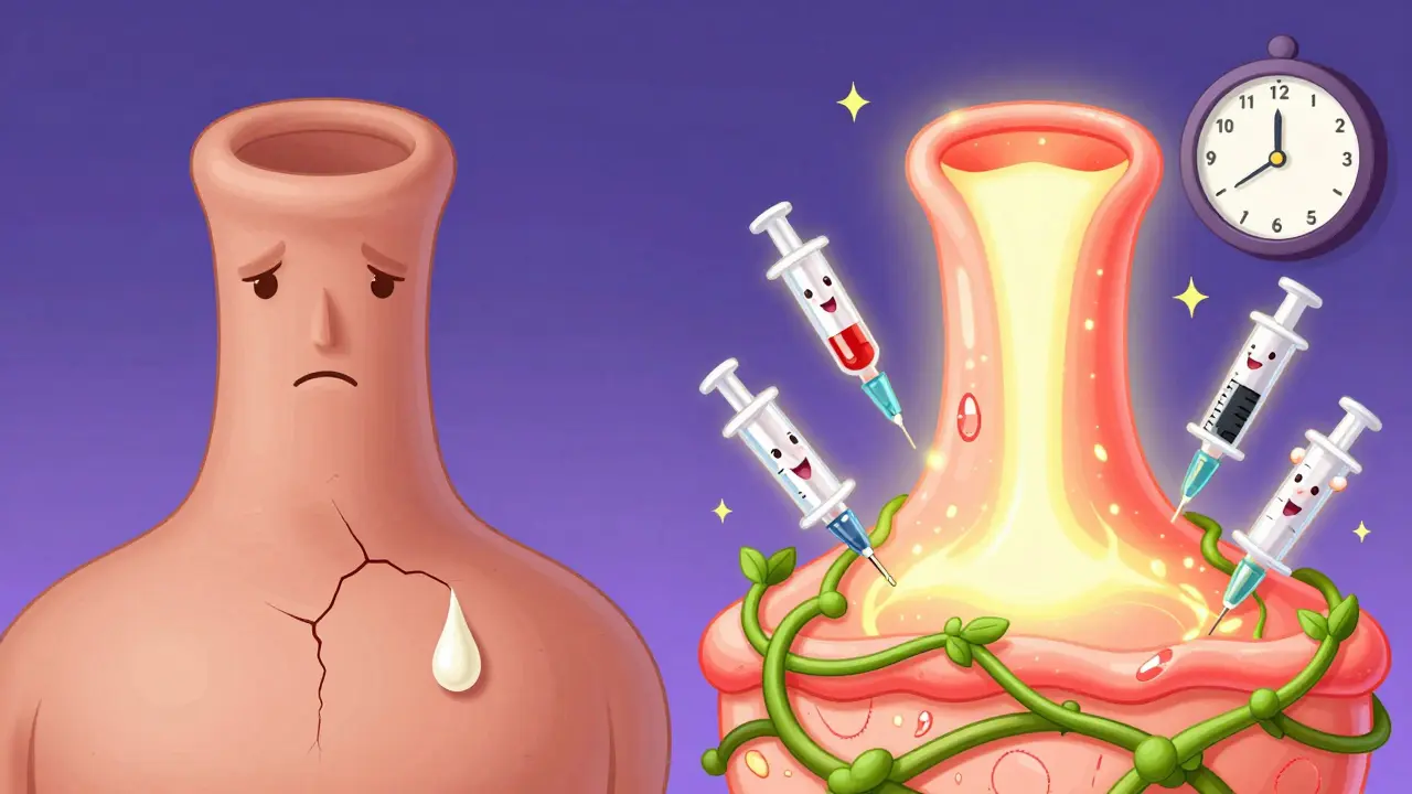 Сравнение: сухая треснувшая шея слева и живая, светящаяся шея справа с волшебными иглами и растущими молекулами.