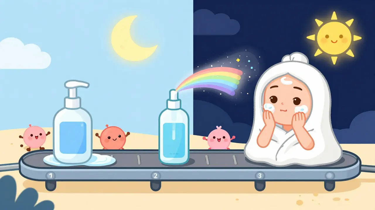 Трёхэтапный уход за лицом: очищение, тоник, крем — как весёлая конвейерная лента с защитой от солнца.