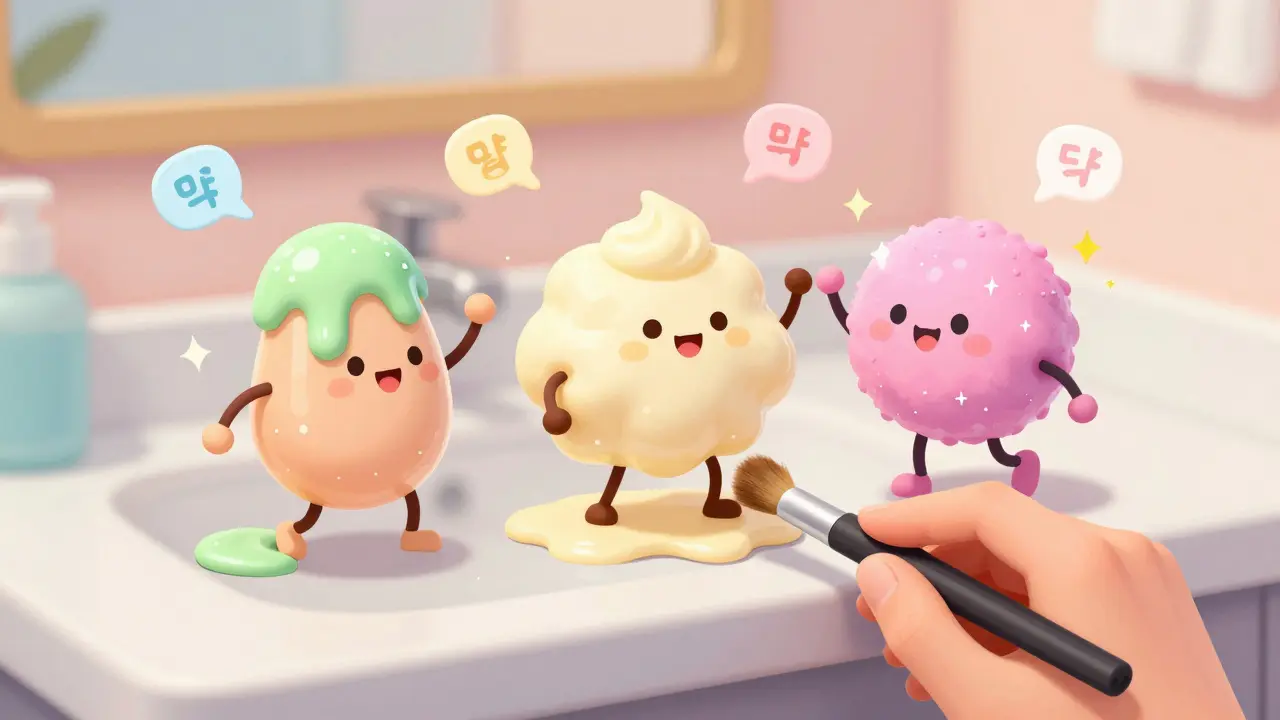 Три персонифицированных хайлайтера — жидкий, кремовый и пудровый — танцуют рядом с лицом в мультяшном стиле.