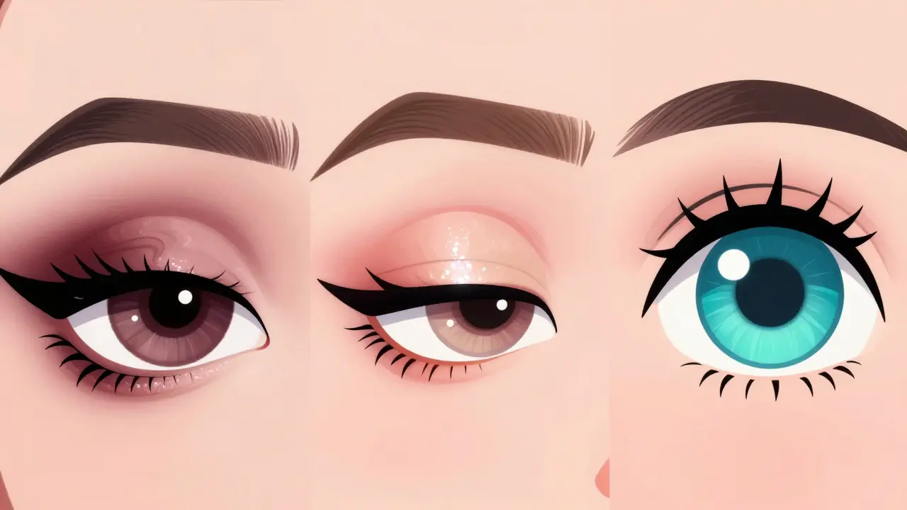 Три стиля вечернего макияжа глаз: смоки-айс, корейский сияющий и цветной акцент, анимированные в резиновом стиле.