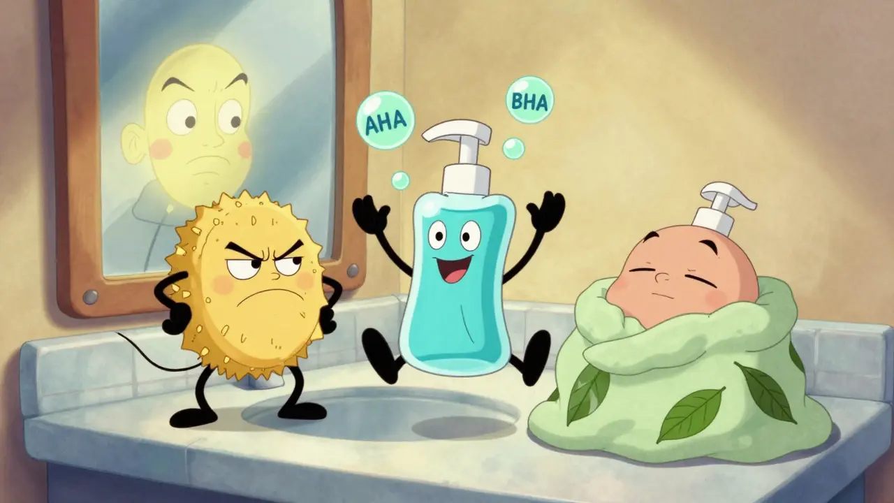 Три забавных косметических средства на полке: скраб, гоммаж-гель и масляный гоммаж, ожившие как персонажи.