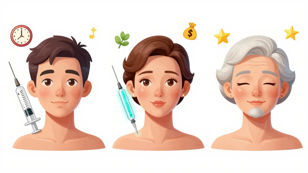 Трое мультяшных пациентов с разными уколами, их кожа становится гладкой и сияющей.