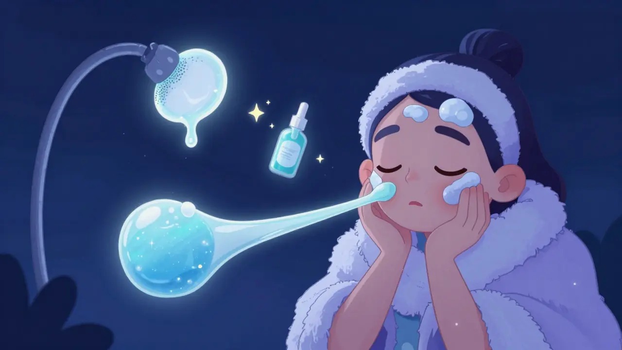 Вечерний уход: двойное очищение, ретинол и крем, обнимающий лицо, в тёплых тонах.