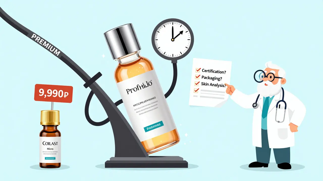 Весы между бюджетным и премиум-препаратом, с врачом, проверяющим сертификаты и упаковку.