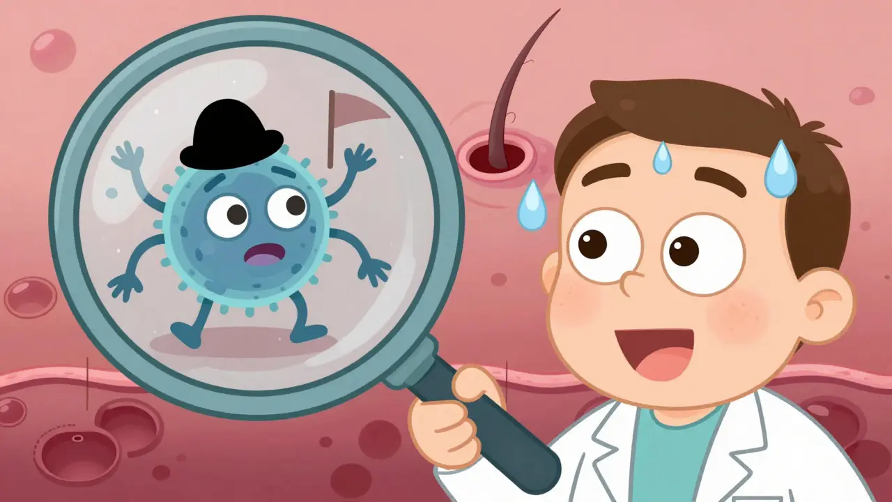 Врач с лупой показывает бактерии в порах и волосяных фолликулах на лице в мультяшном стиле.