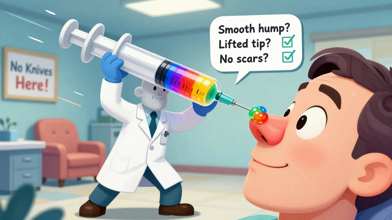 Врач вводит гелевые филлеры в нос пациента, который визуально меняет форму как резиновая трубка.