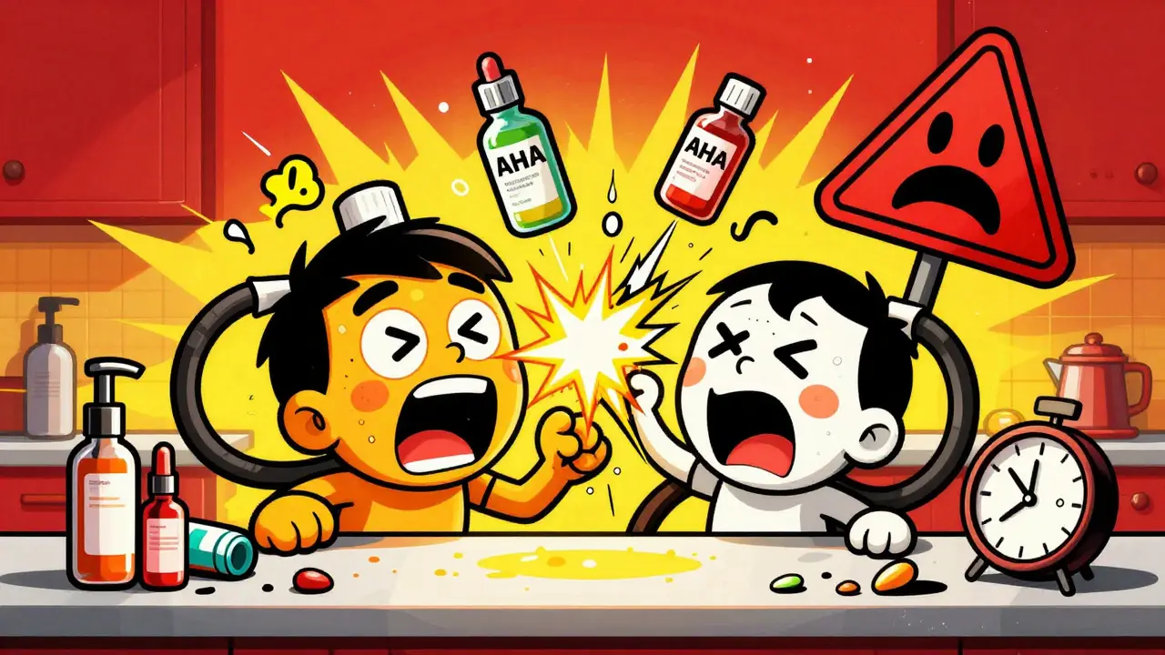 Запрещённая комбинация: витамин С и ретинол сталкиваются, вызывая взрыв и предупреждение.