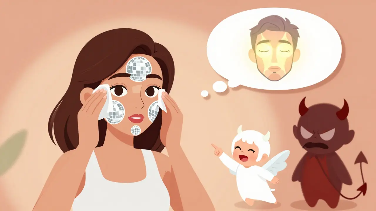 Женщина исправляет ошибку нанесения хайлайтера: от чрезмерного блеска к естественному сиянию в мультяшной иллюстрации.