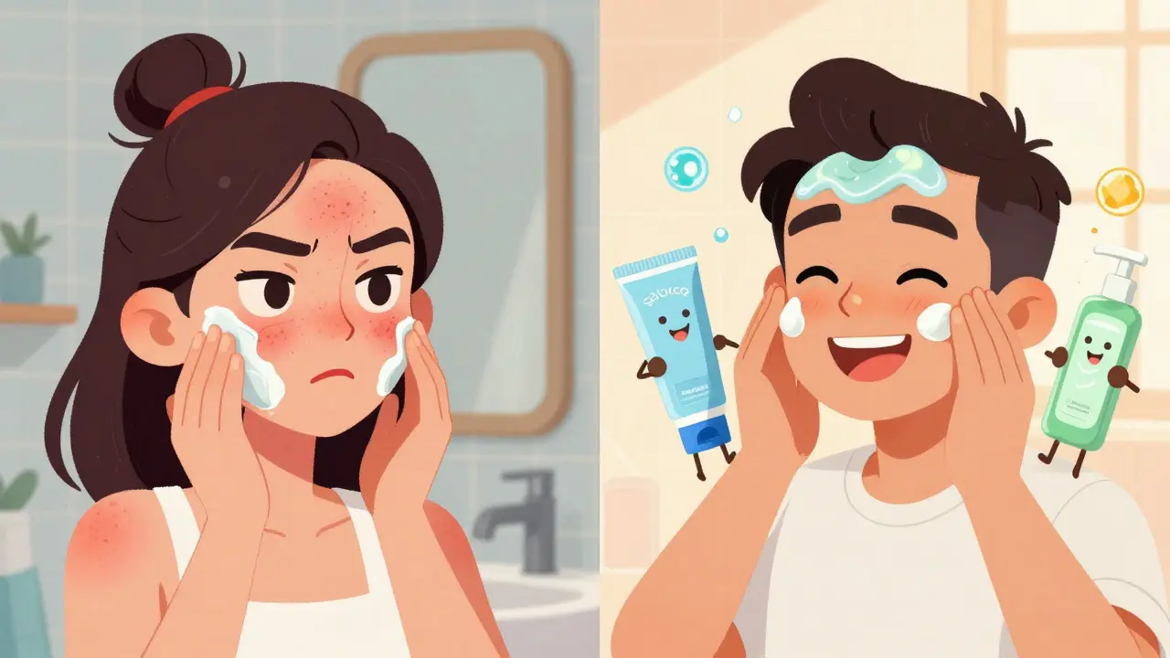 Женщина наносит крем на всё лицо и страдает, а мужчина использует два разных средства — его кожа сияет здоровьем.